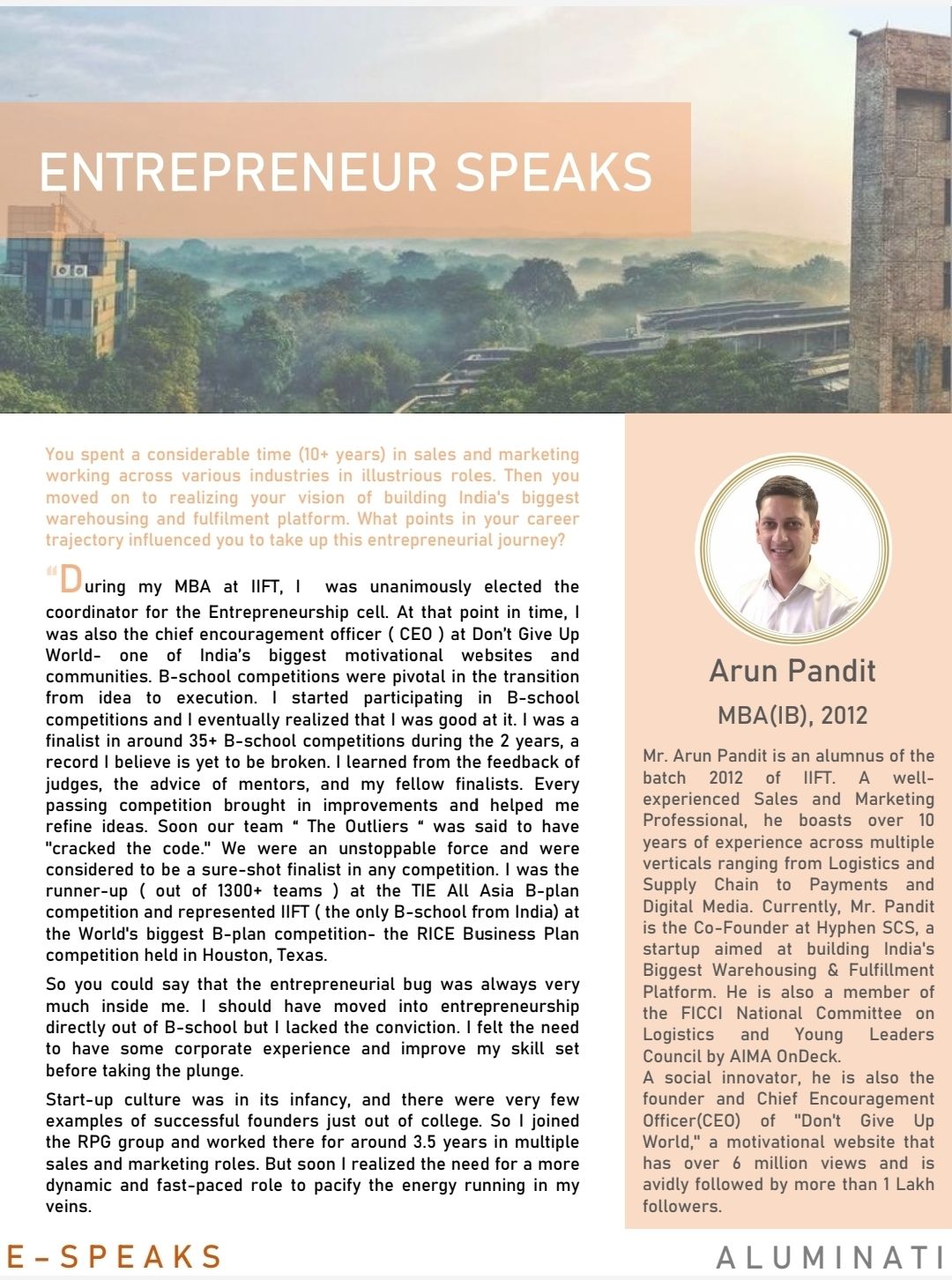 Arun Pandit’s Feature in ‘ENTREPRENEURS SPEAK’ of IIFT’s Aluminati Newsletter